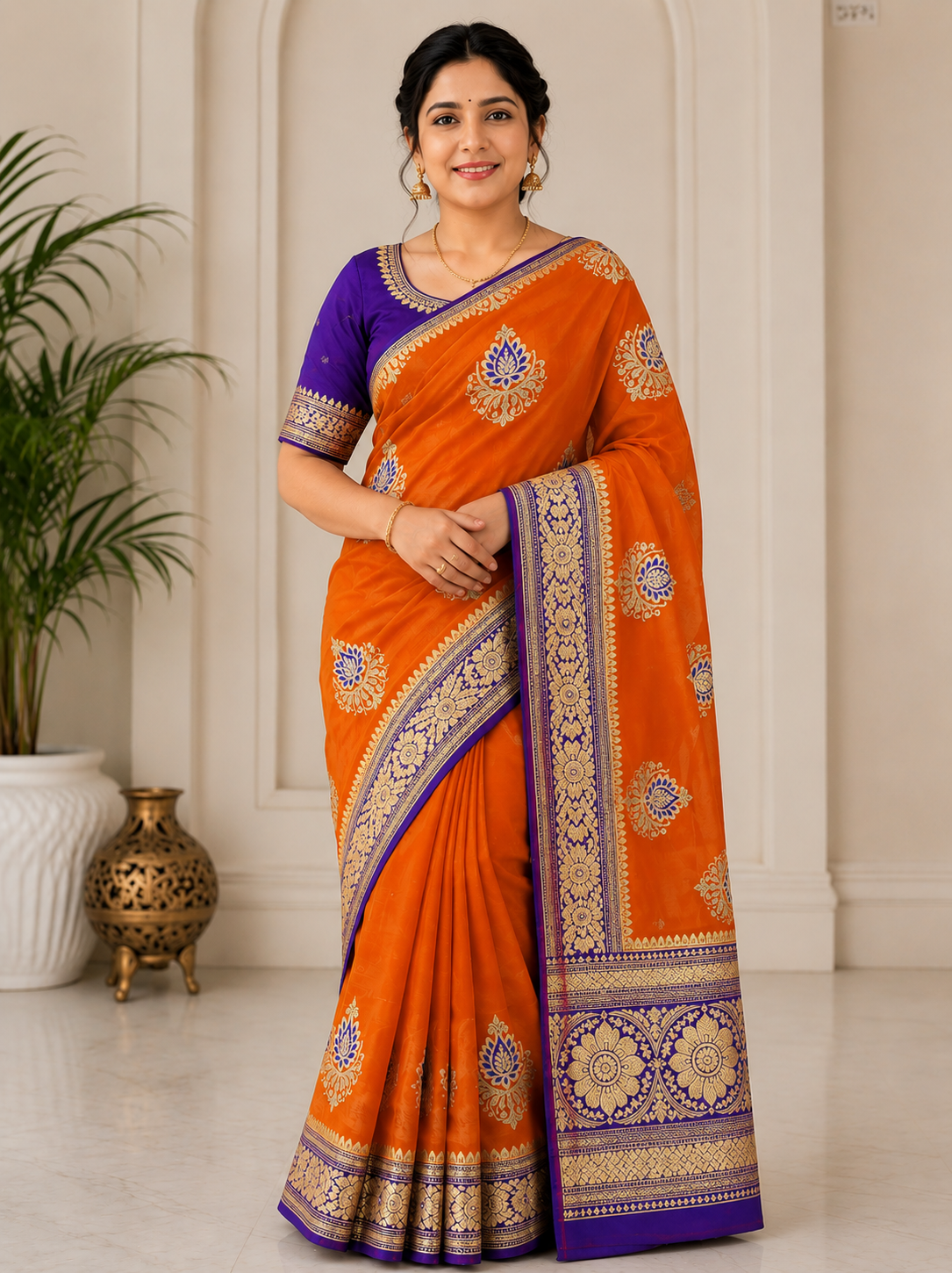 Royal Orange Banarasi Silk Saree with Purple Zari Woven Rich Pallu & Traditional Floral Border