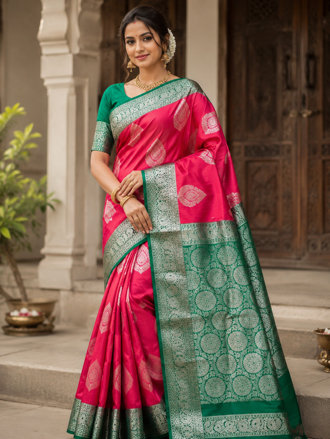 Royal Pink Banarasi Silk Saree with Emerald Green Zari Pallu & Traditional Border