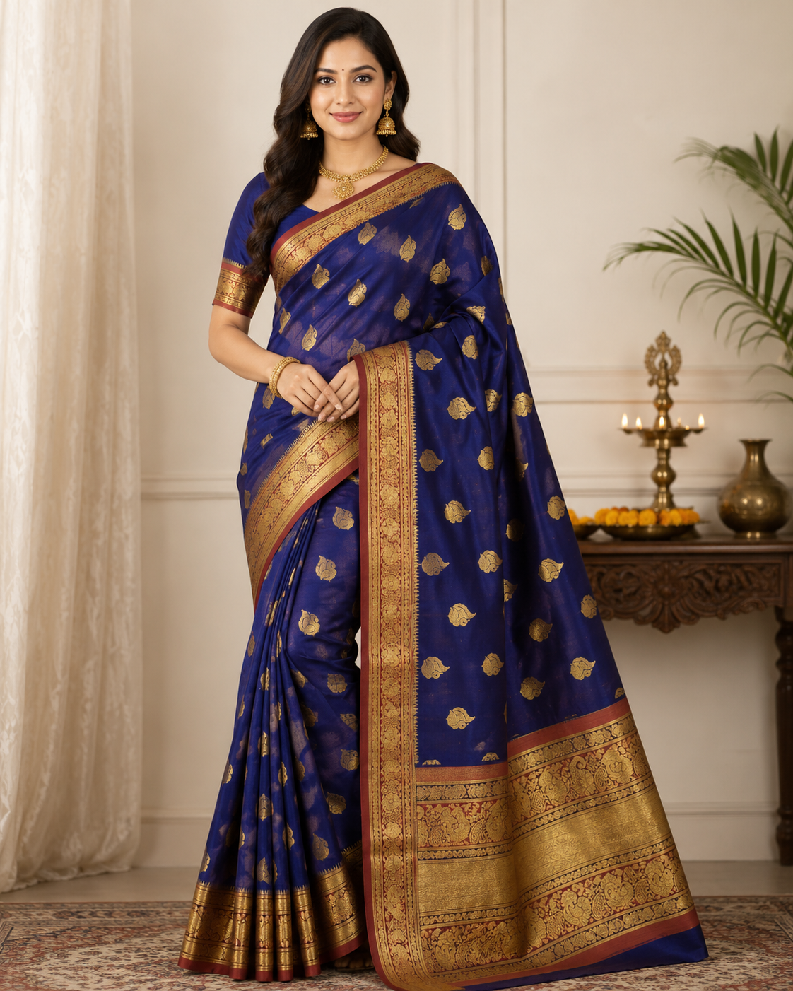 Royal Blue Golden Butta Banarasi Silk Saree with Zari Border