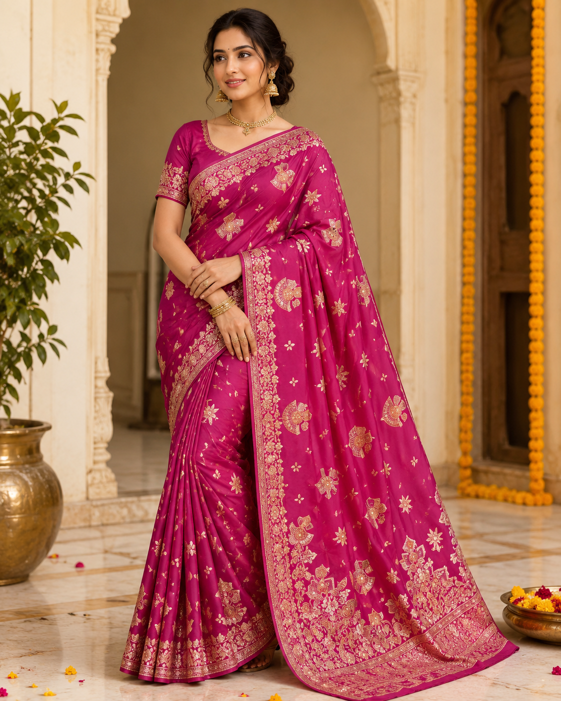 Rani Pink Floral Butta Banarasi Silk Saree with Rich Zari Border