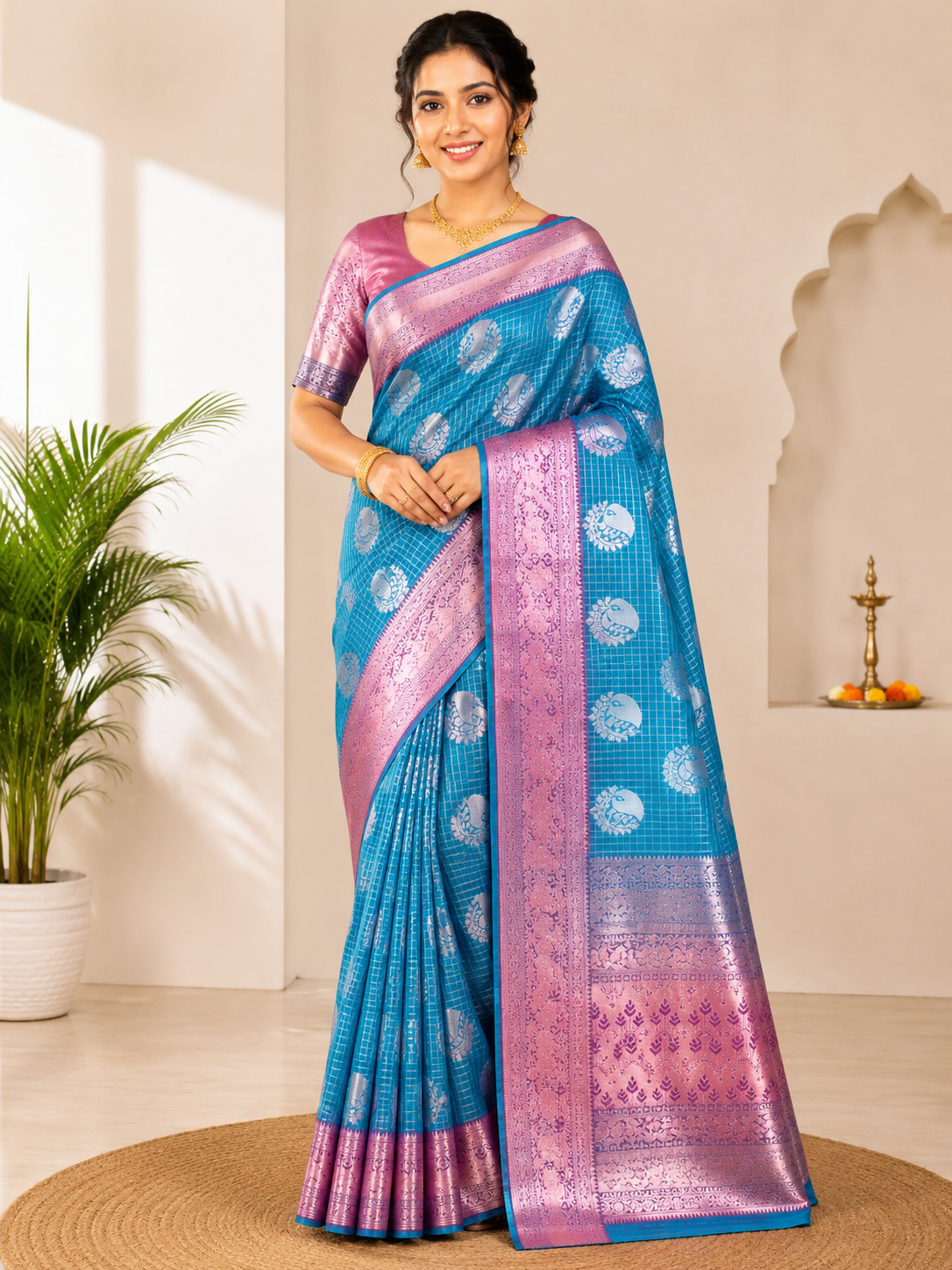 Sky Blue & Pink Banarasi Silk Saree with Silver Zari Weaving