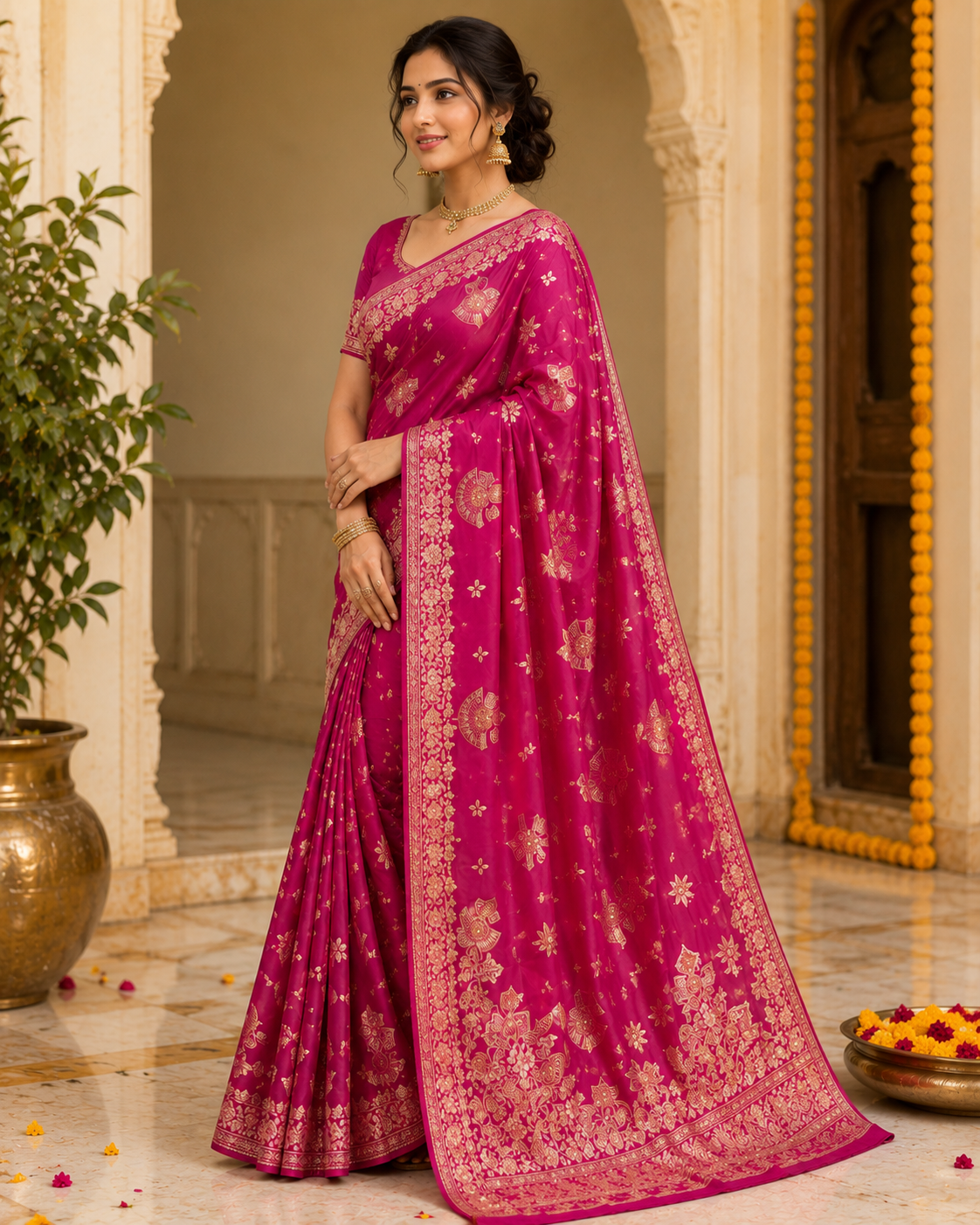 Rani Pink Floral Butta Banarasi Silk Saree with Rich Zari Border - Image 3