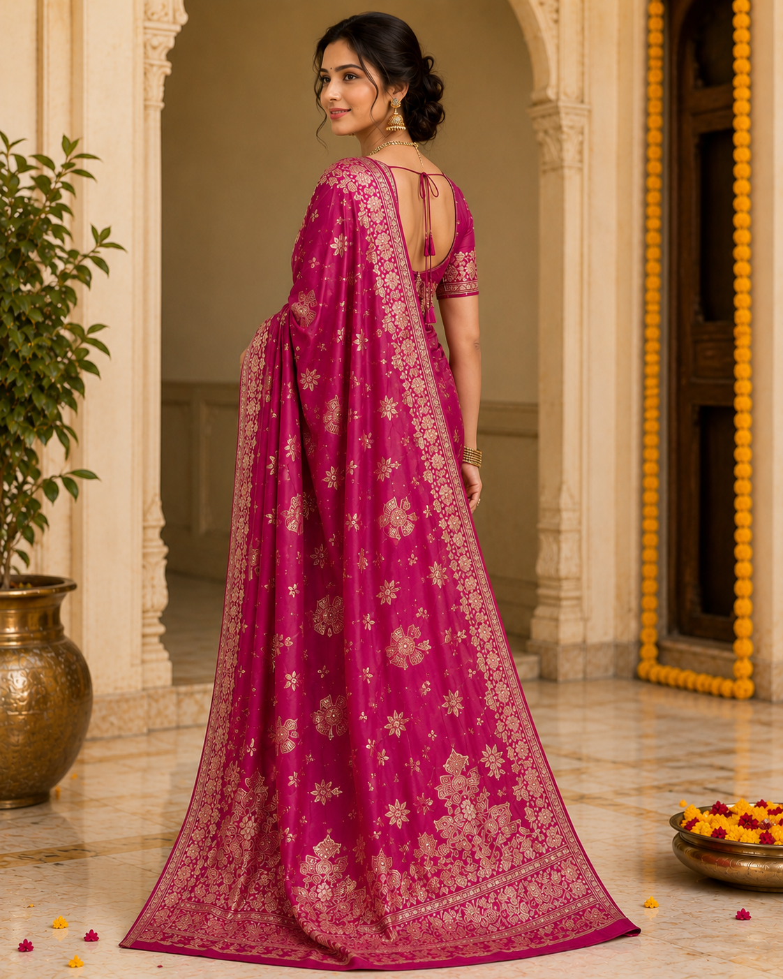Rani Pink Floral Butta Banarasi Silk Saree with Rich Zari Border - Image 4