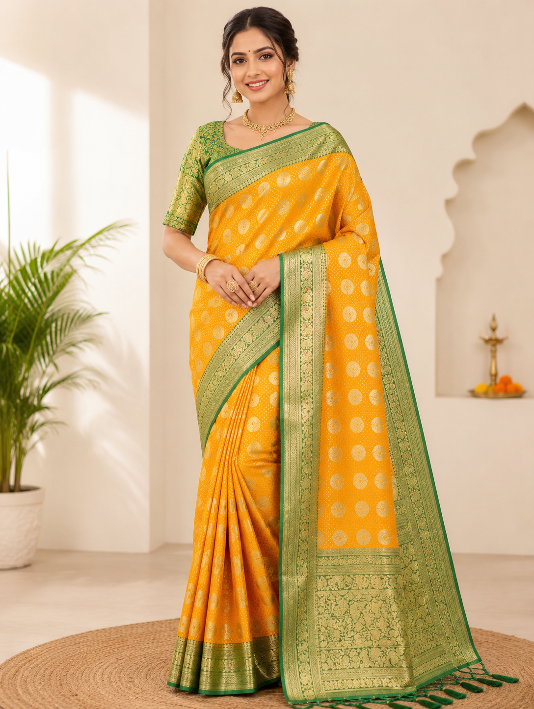 Traditional Yellow Banarasi Butta Saree with Green Zari Border