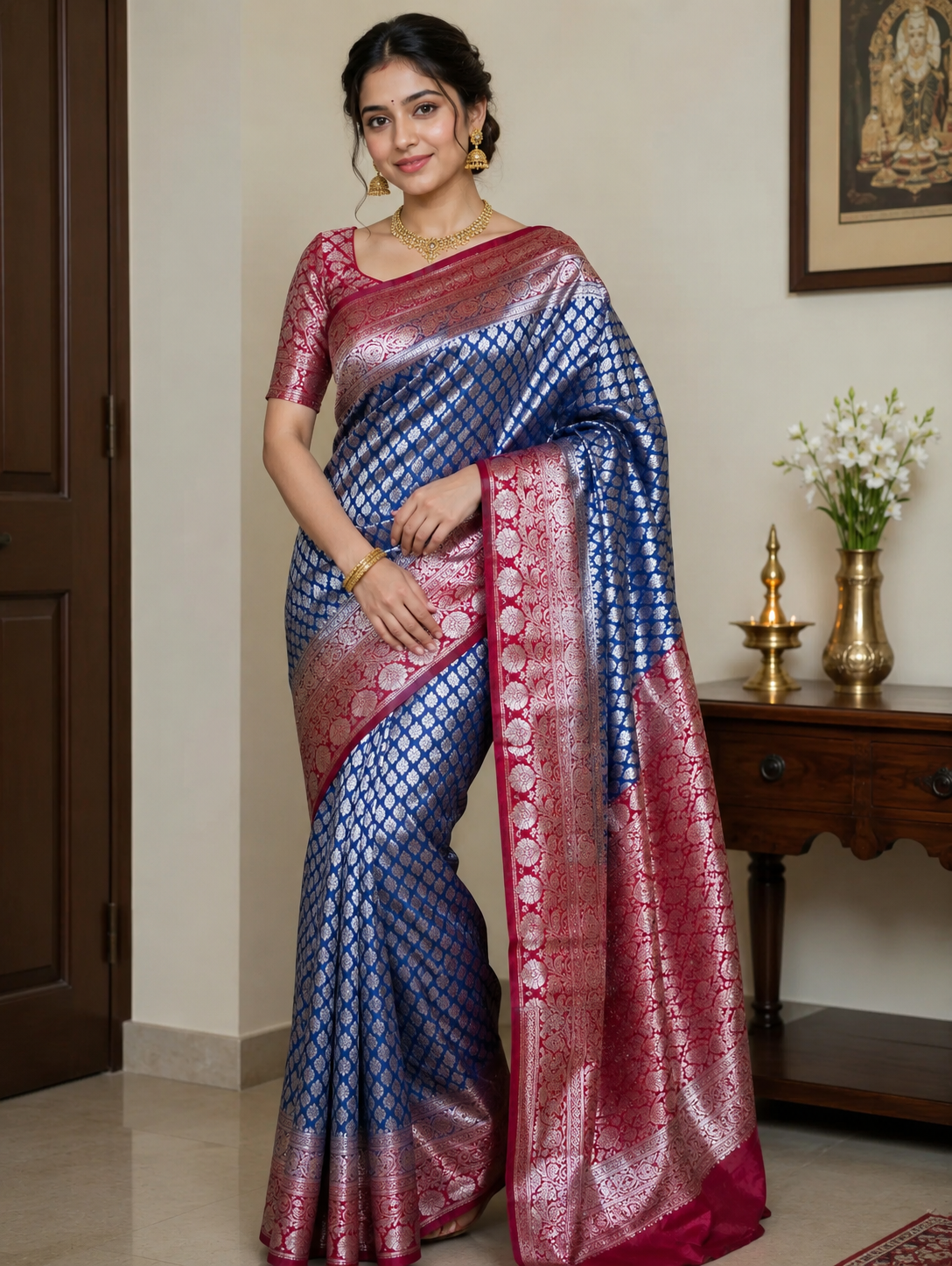 Royal Blue & Wine Banarasi Silk Saree with Rich Zari Weaving