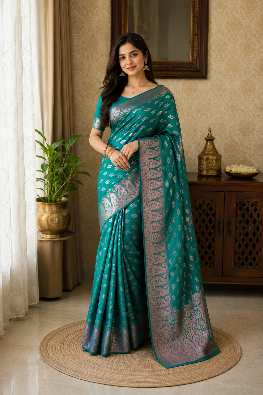 Elegant Teal Banarasi Butta Saree with Designer Zari Border