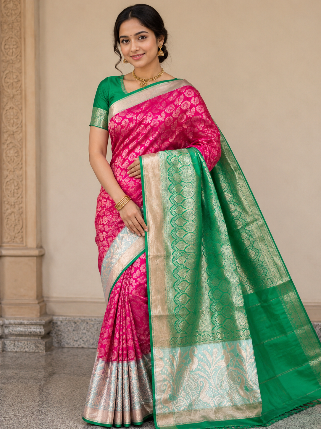 Rani Pink Banarasi Silk Saree with Green Zari Pallu & Designer Border