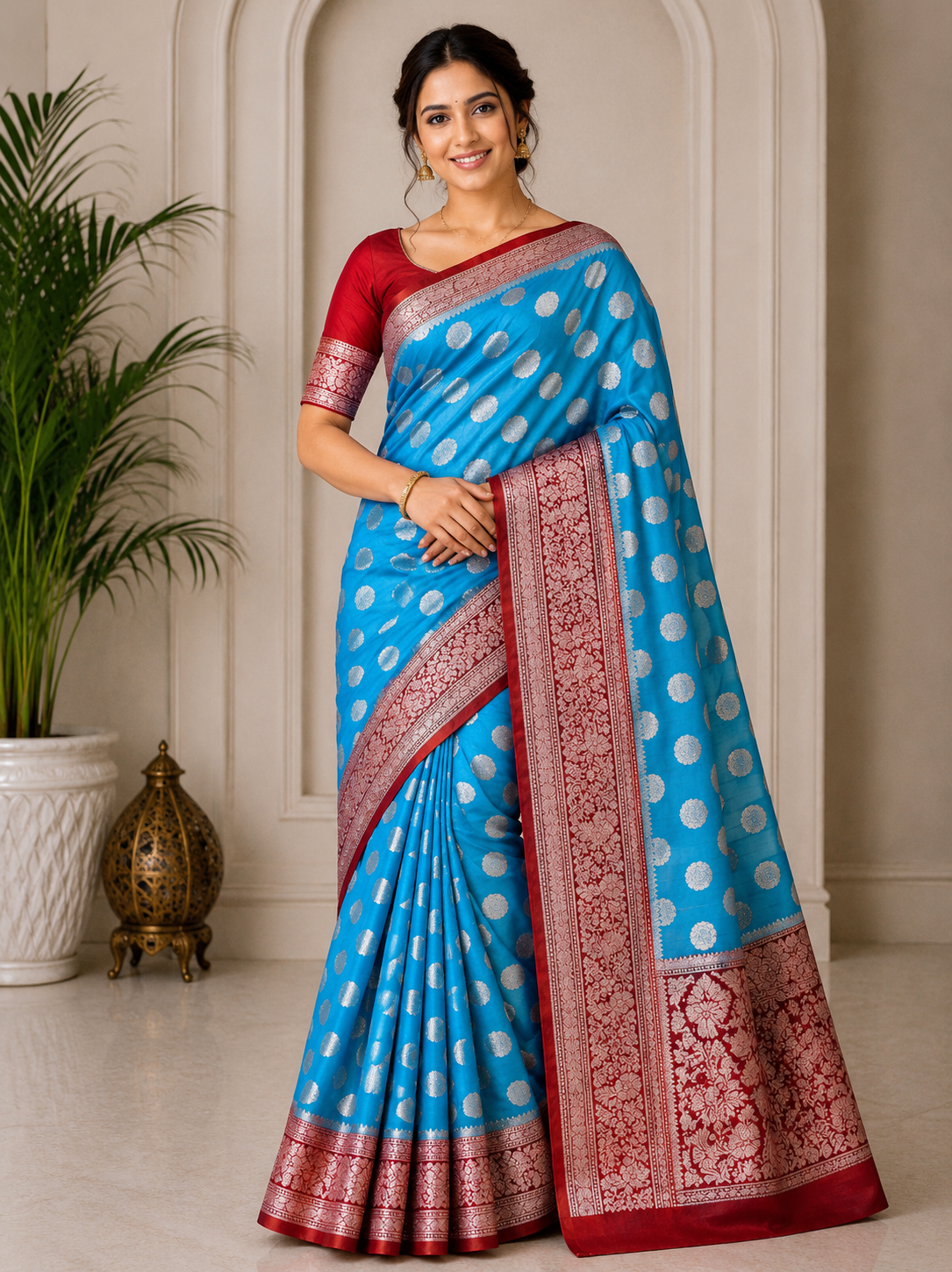 Sky Blue Banarasi Silk Saree with Silver Zari Buti & Rich Maroon Woven Border