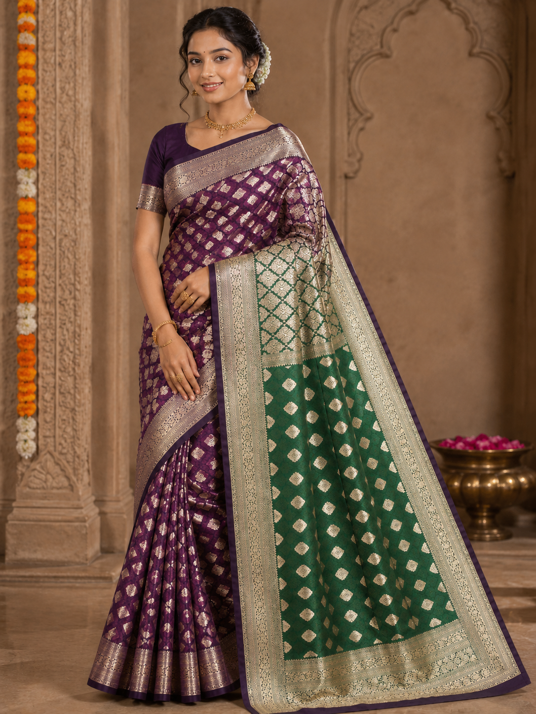 Royal Blue Banarasi Silk Saree with Green Zari Pallu & Traditional Golden Butta Design