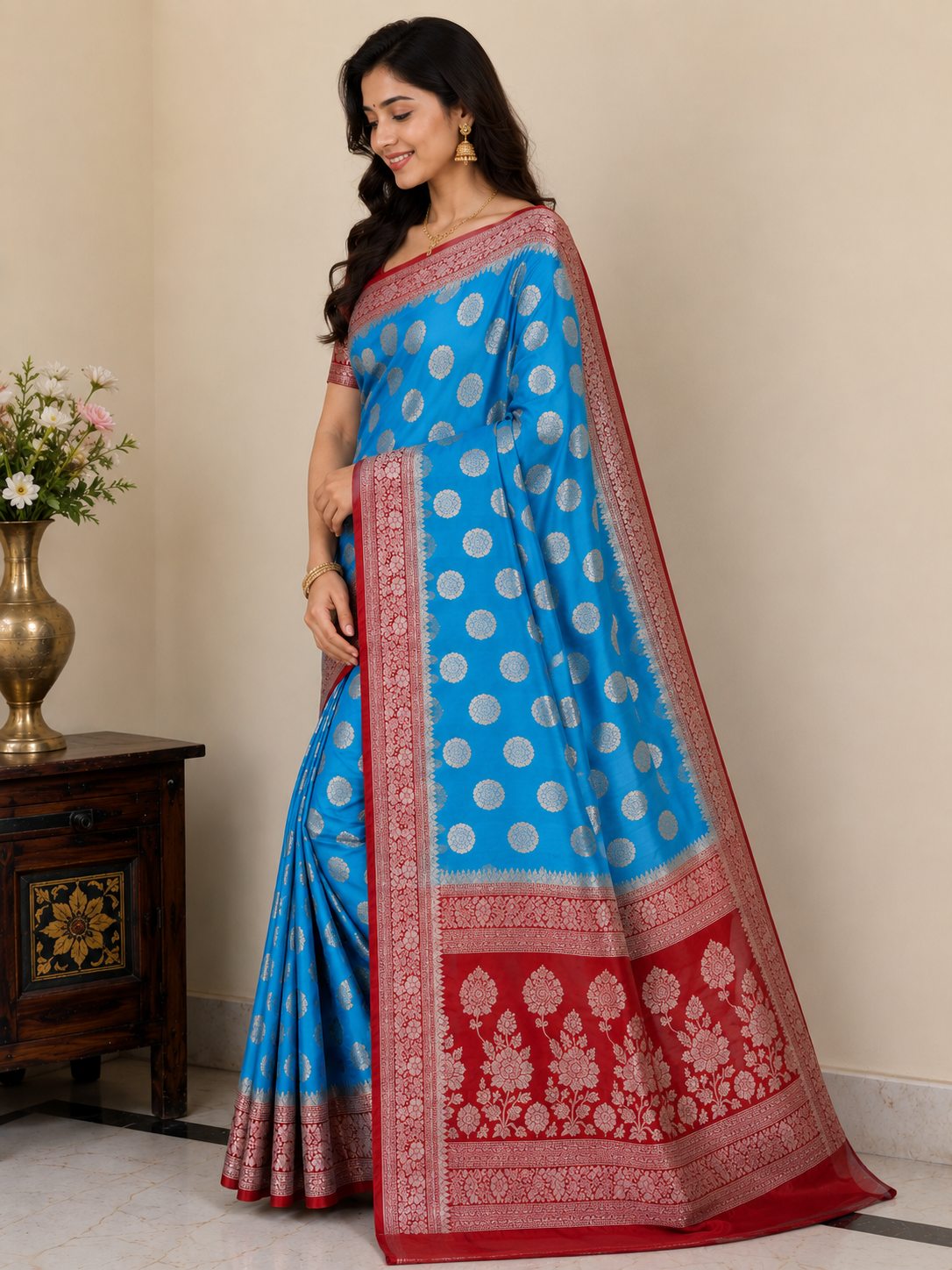 Royal Sky Blue Banarasi Silk Saree with Silver Zari Butta & Maroon Floral Woven Border - Image 3