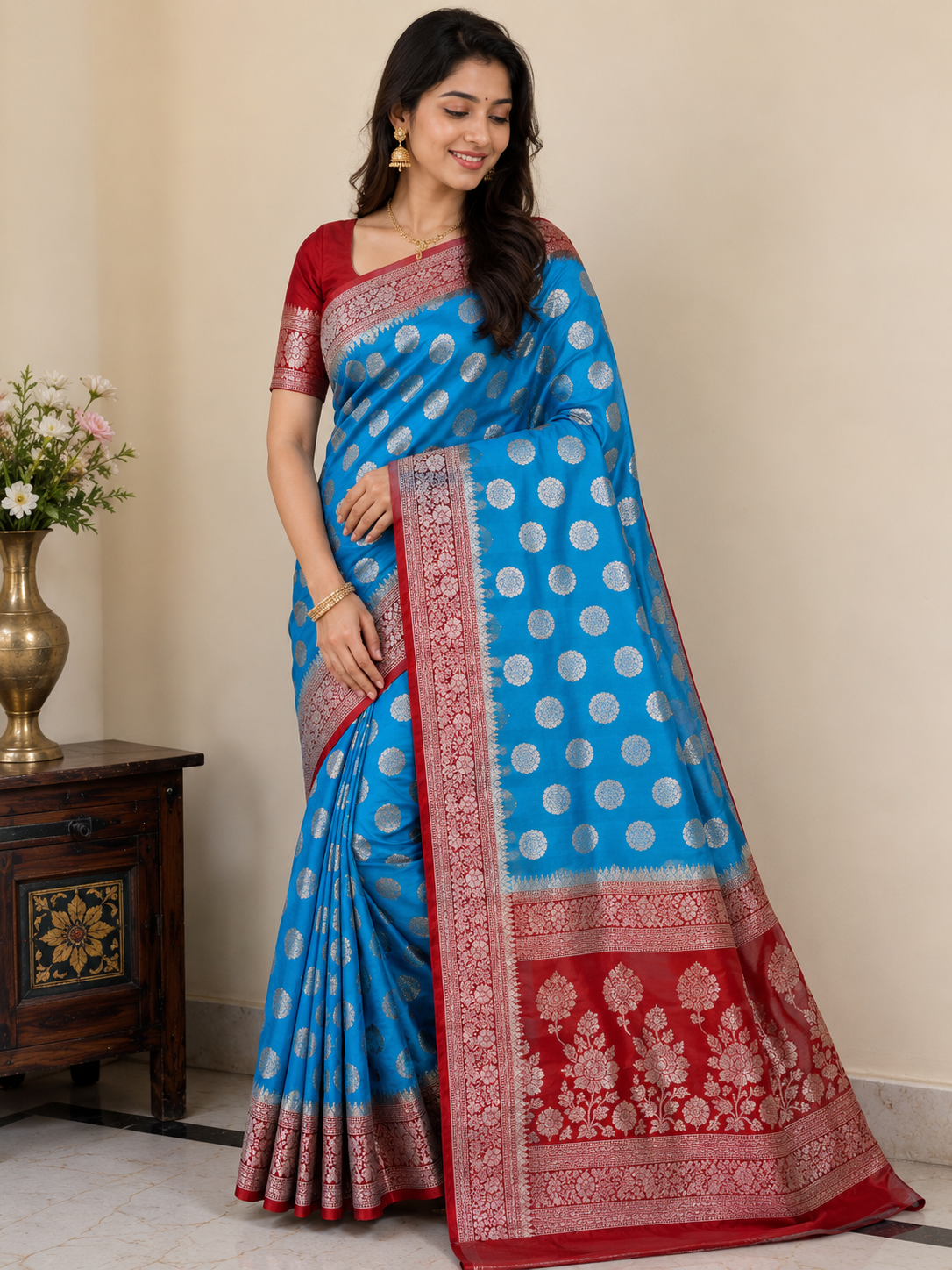 Royal Sky Blue Banarasi Silk Saree with Silver Zari Butta & Maroon Floral Woven Border