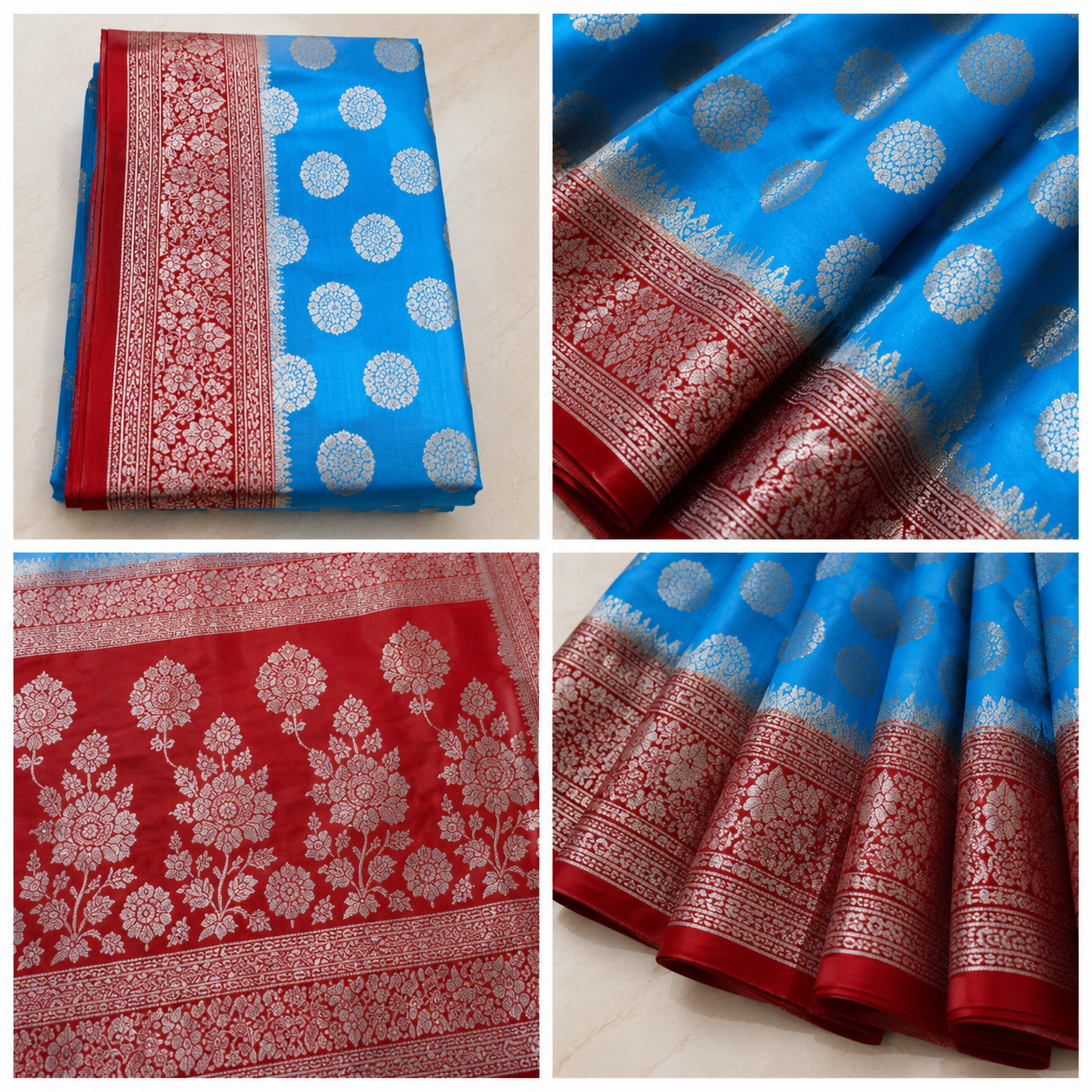 Royal Sky Blue Banarasi Silk Saree with Silver Zari Butta & Maroon Floral Woven Border - Image 4