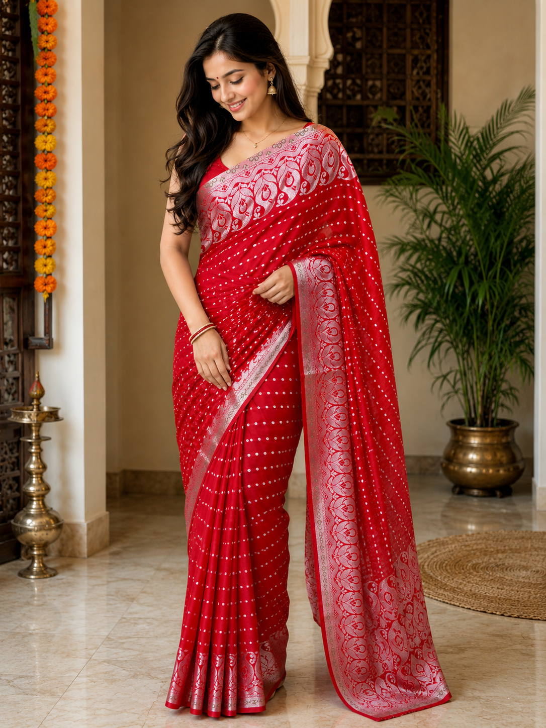 Red Banarasi Silk Saree with Silver Zari Floral Pallu Festival/Party Wear Special Saree