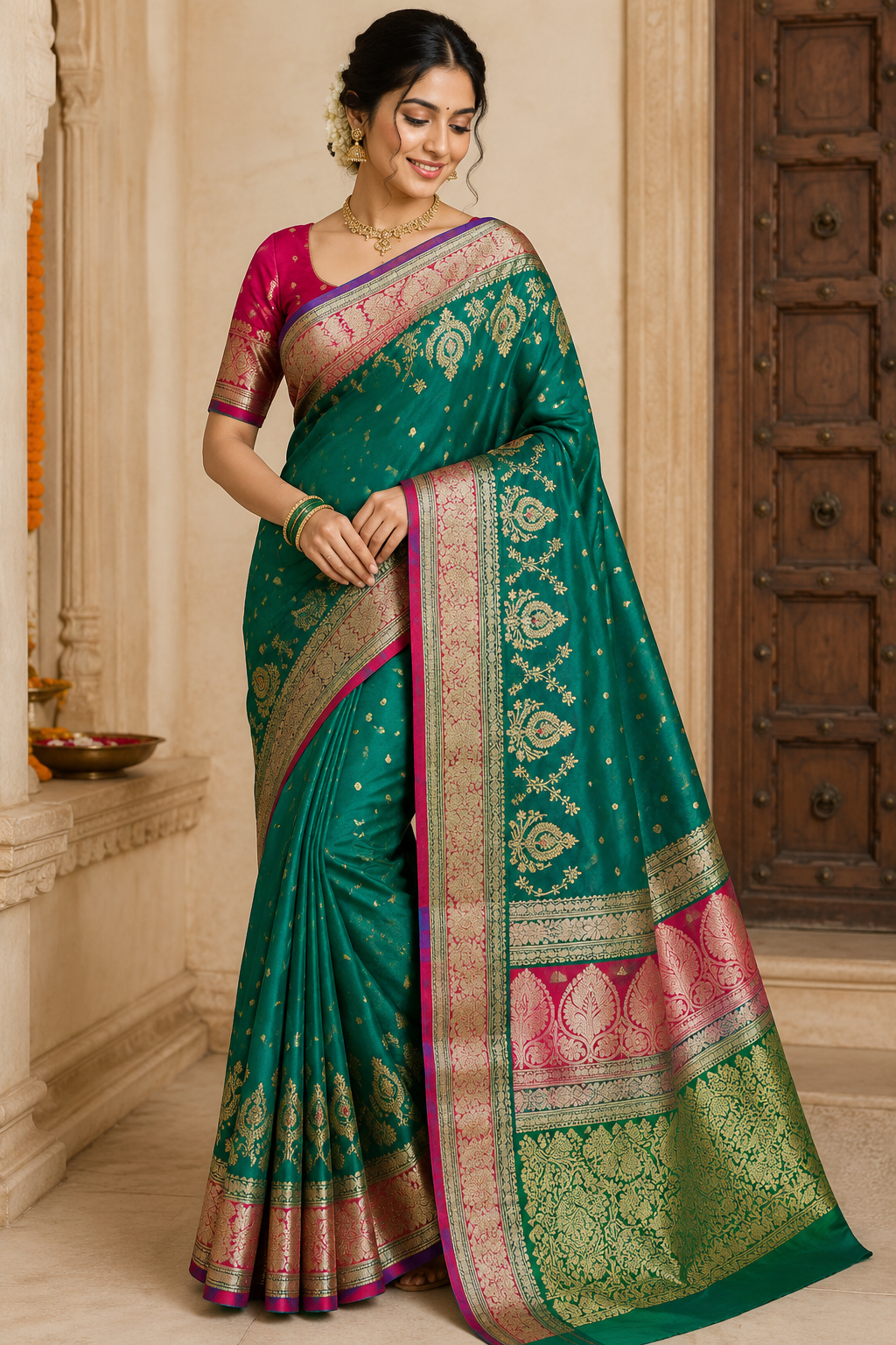 Premium Emerald Green Banarasi Silk Saree with Pink Zari Border & Traditional Gold Butta Weaving