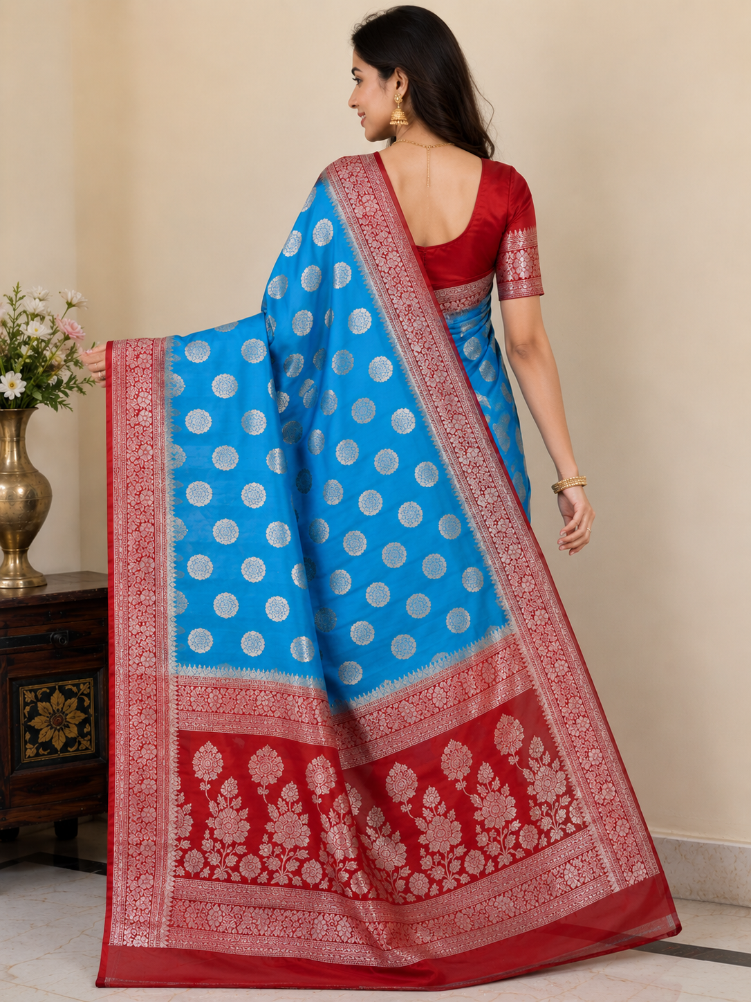 Royal Sky Blue Banarasi Silk Saree with Silver Zari Butta & Maroon Floral Woven Border - Image 2