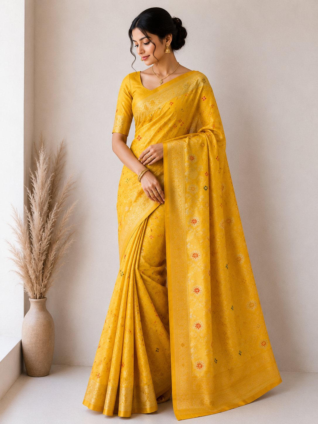 Sunshine Yellow Banarasi Silk Saree with Delicate Floral Butta & Elegant Zari Woven Pallu